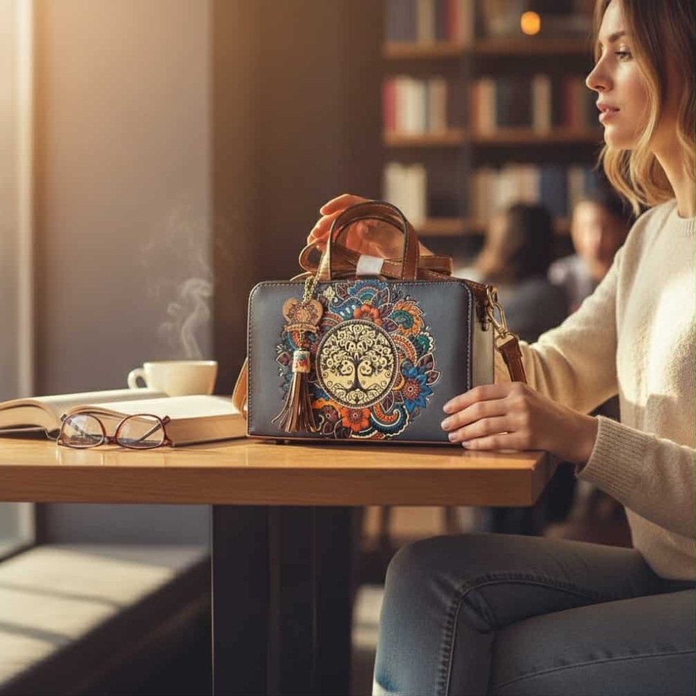 New Embossed Artisanal Tree of Life Mexican Cross Body Handbag Purse